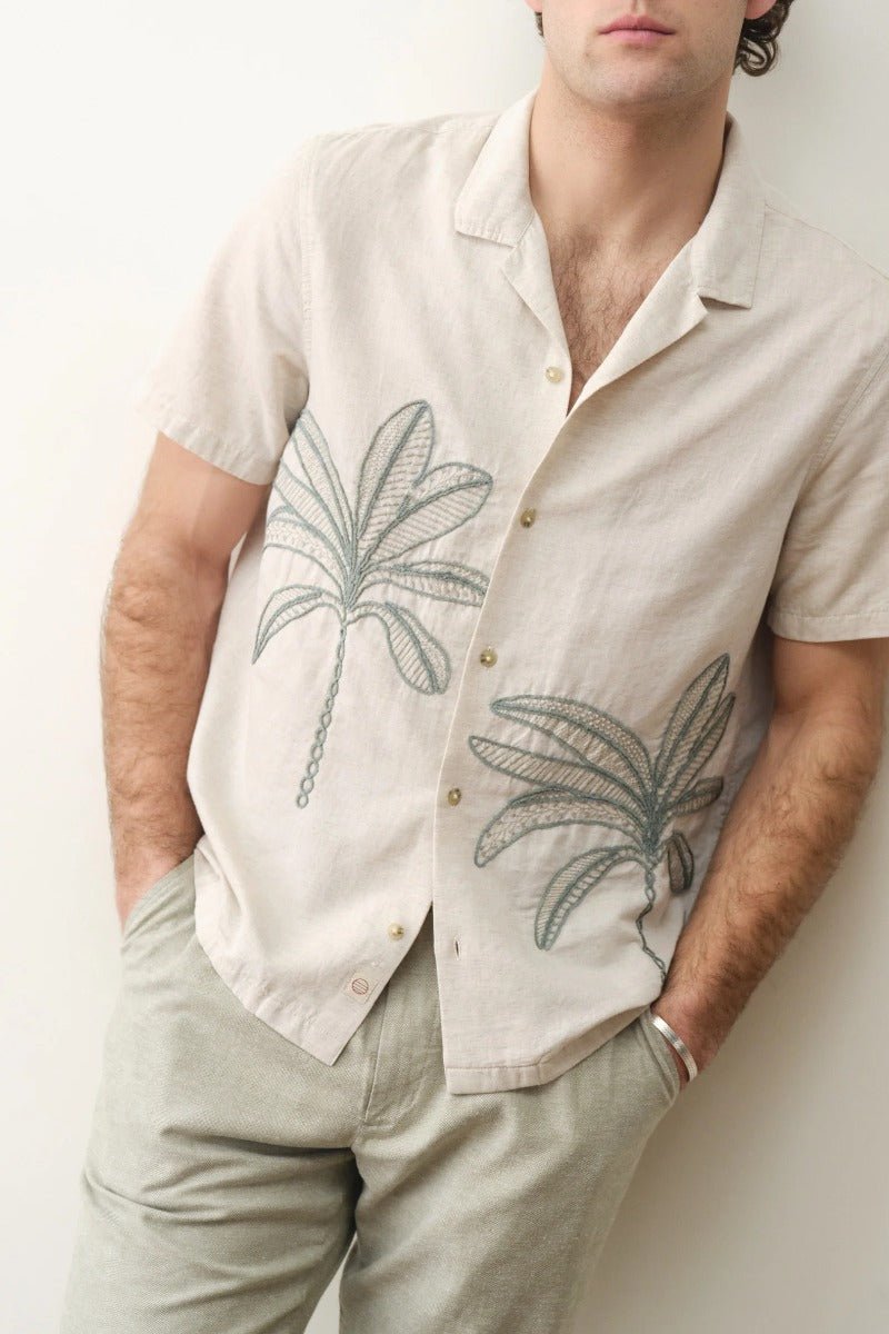 Marine Layer Embroidered Resort Shirt - Cream/Green Palm