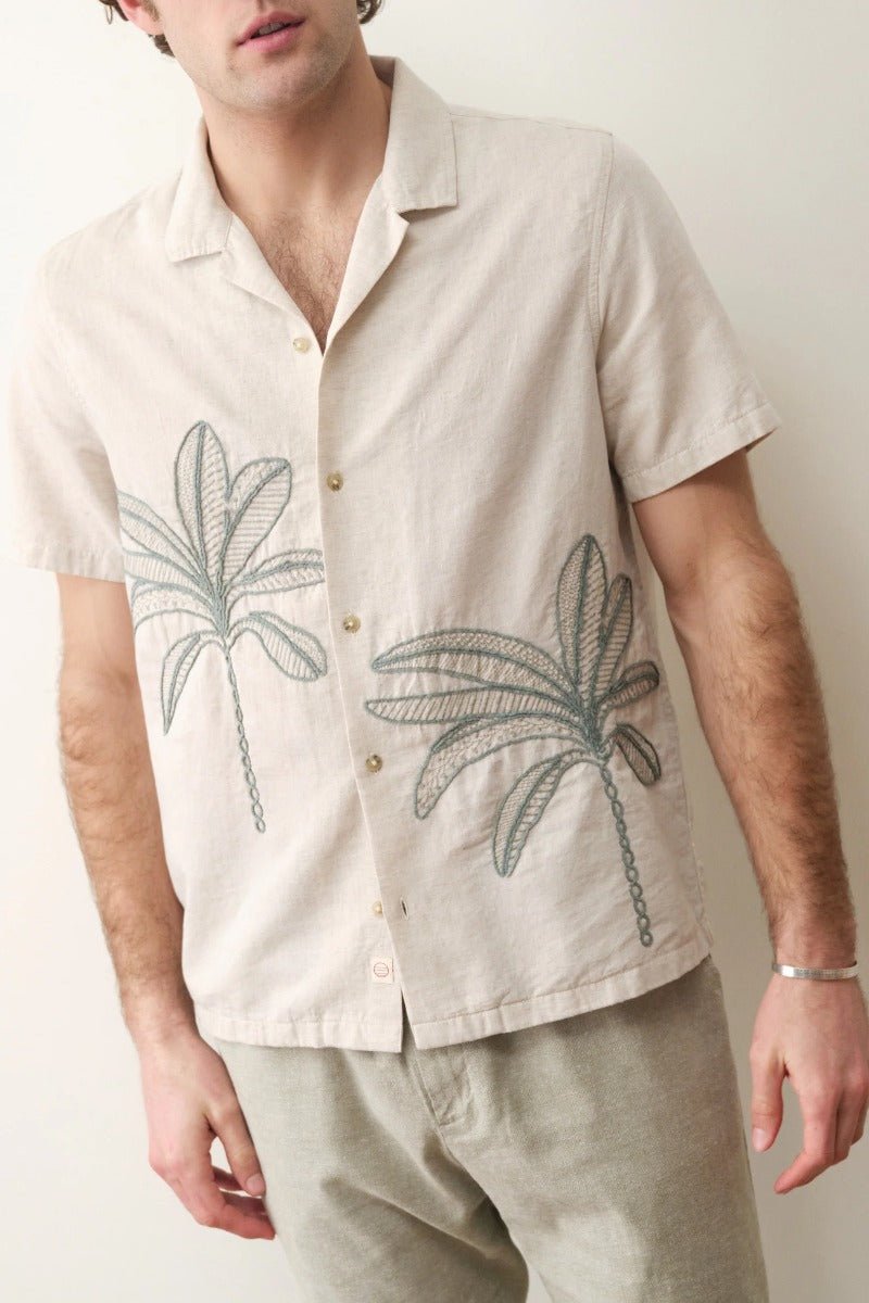 Marine Layer Embroidered Resort Shirt - Cream/Green Palm