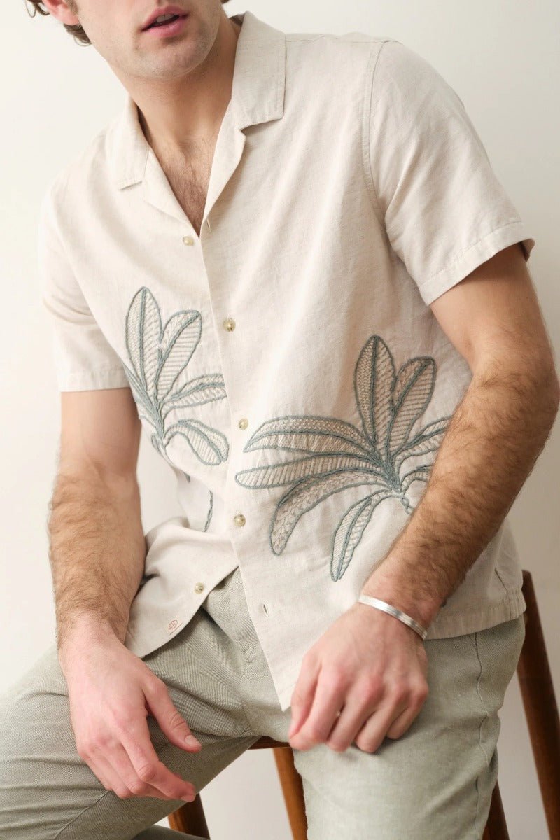 Marine Layer Embroidered Resort Shirt - Cream/Green Palm