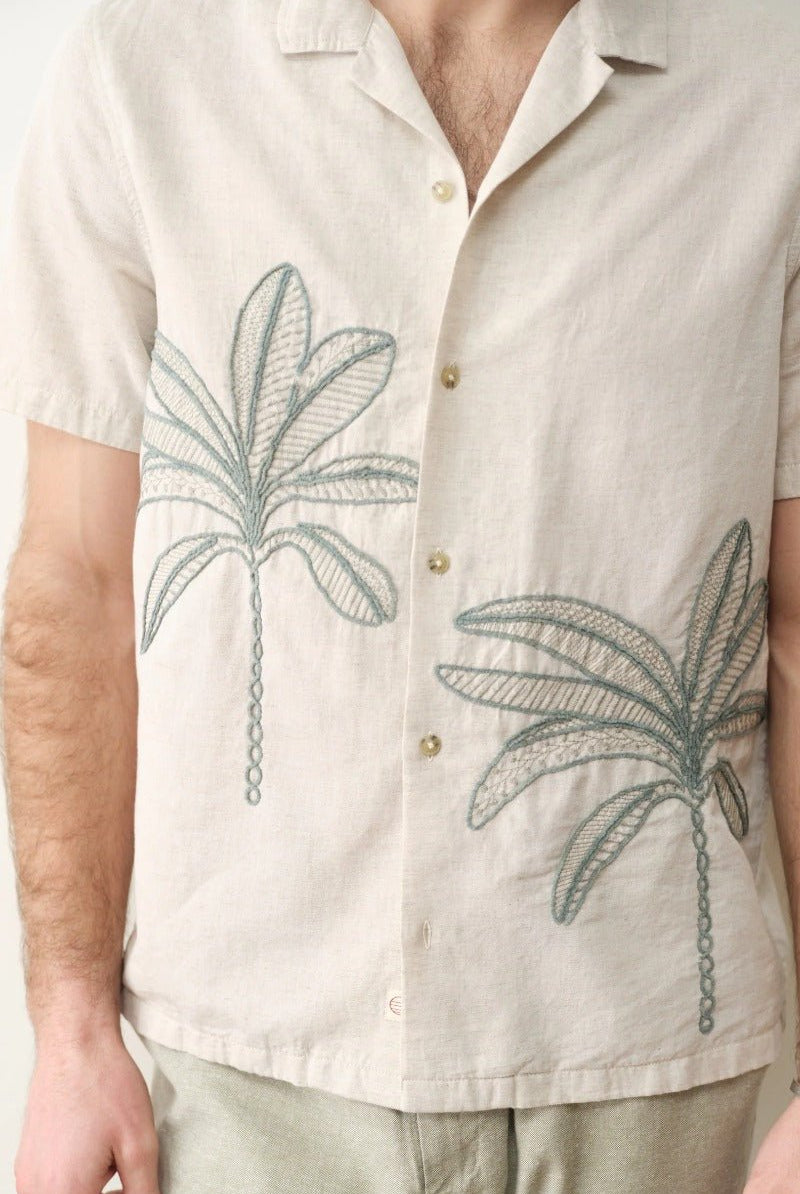 Marine Layer Embroidered Resort Shirt - Cream/Green Palm