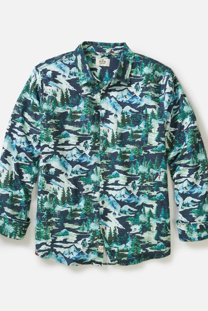 Long-sleeve shirt with nature-themed camouflage pattern on a white background