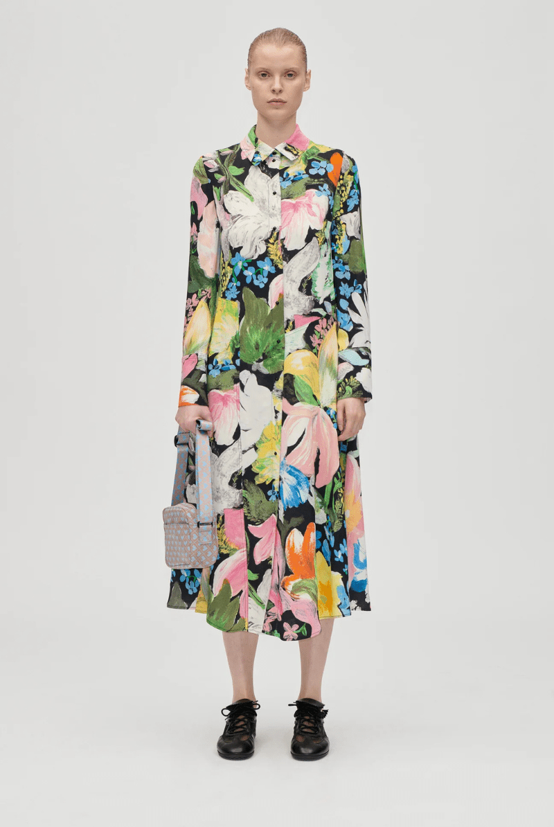Dresses - Stine Goya - Front Placket Midi Polo Dress in Flowers Under The Sun - Archery Close