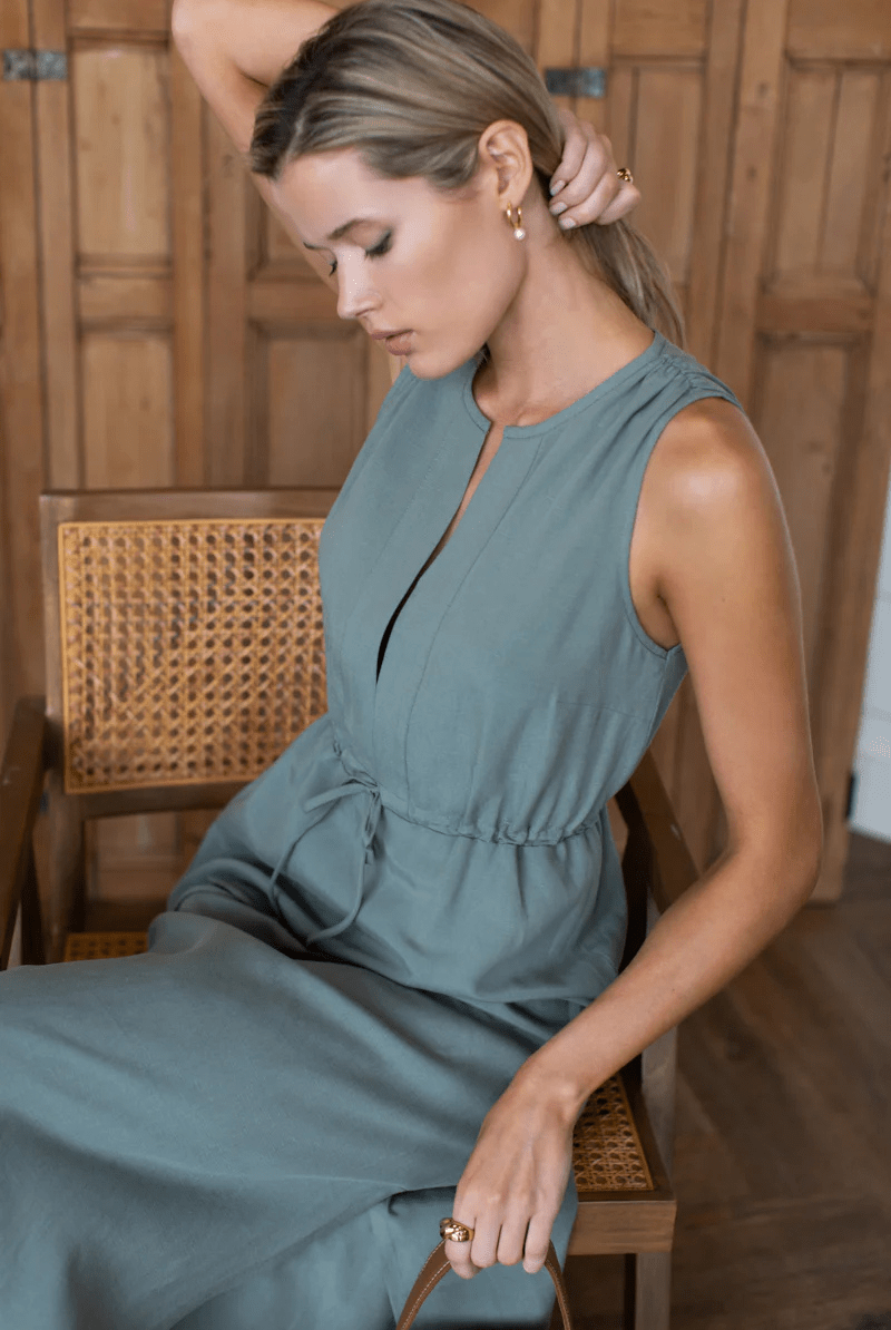 Dresses - Emerson Fry - Grecian Keyhole Dress in Agave Linen - Archery Close