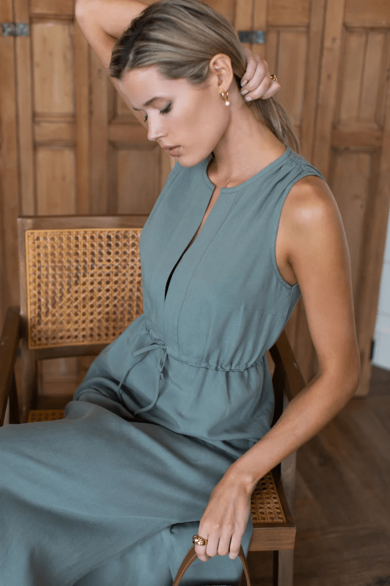 Dresses - Emerson Fry - Grecian Keyhole Dress in Agave Linen - Archery Close