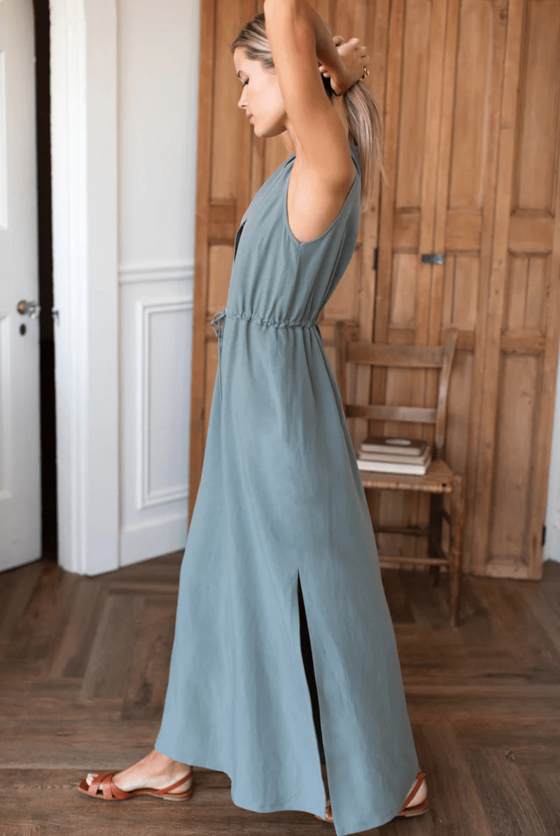Dresses - Emerson Fry - Grecian Keyhole Dress in Agave Linen - Archery Close