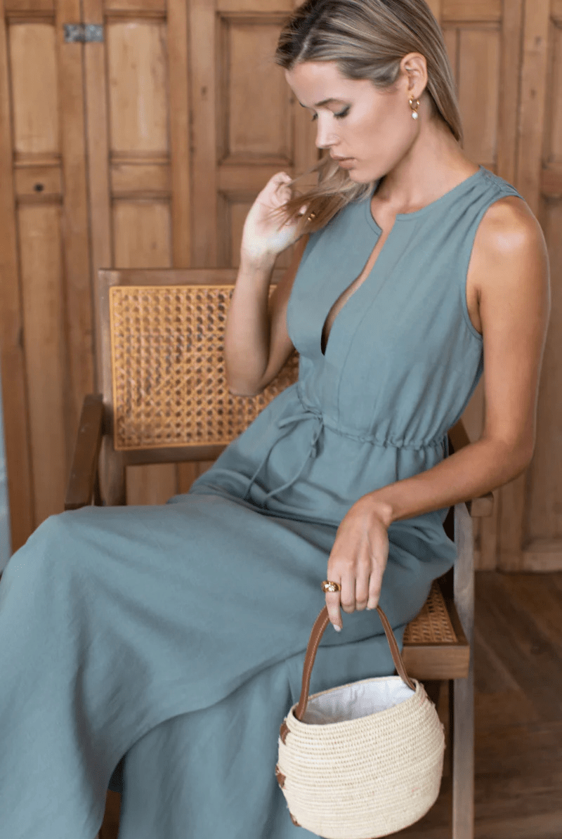 Dresses - Emerson Fry - Grecian Keyhole Dress in Agave Linen - Archery Close