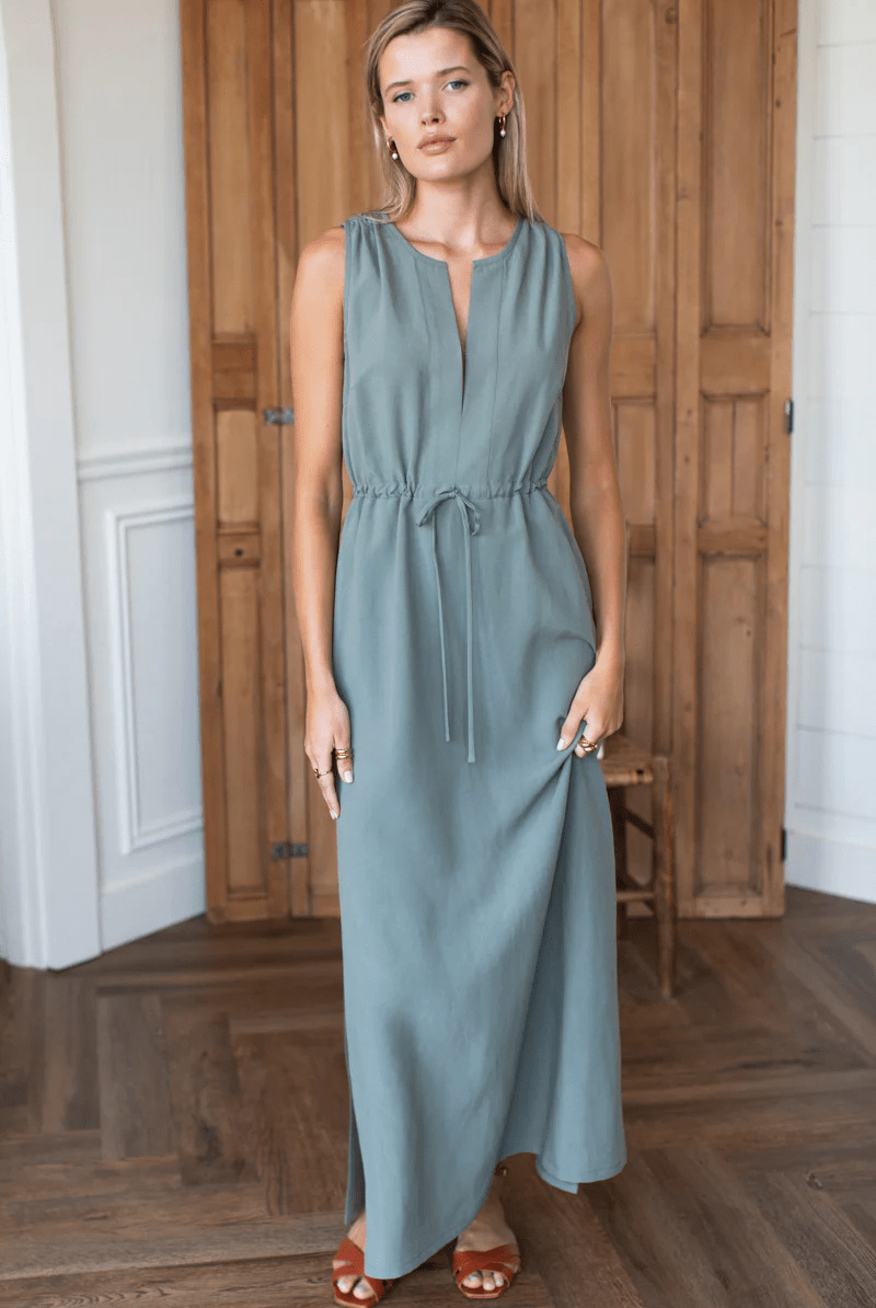 Dresses - Emerson Fry - Grecian Keyhole Dress in Agave Linen - Archery Close