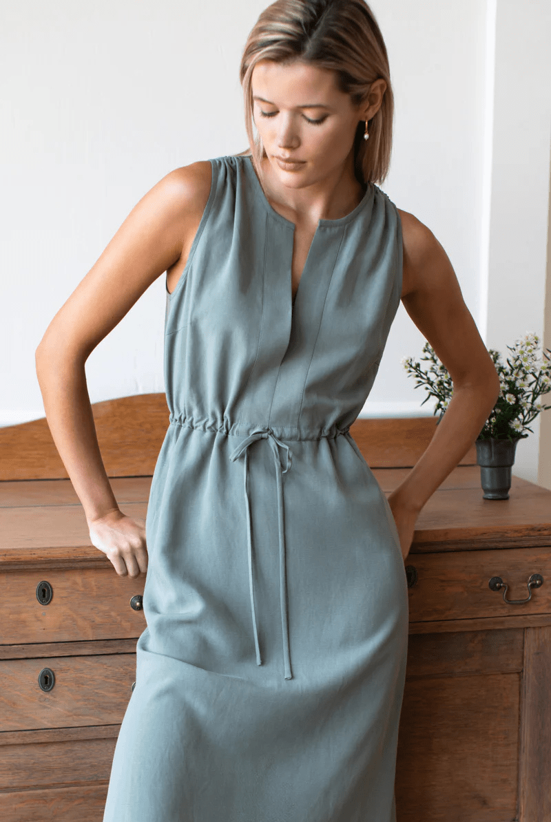 Dresses - Emerson Fry - Grecian Keyhole Dress in Agave Linen - Archery Close