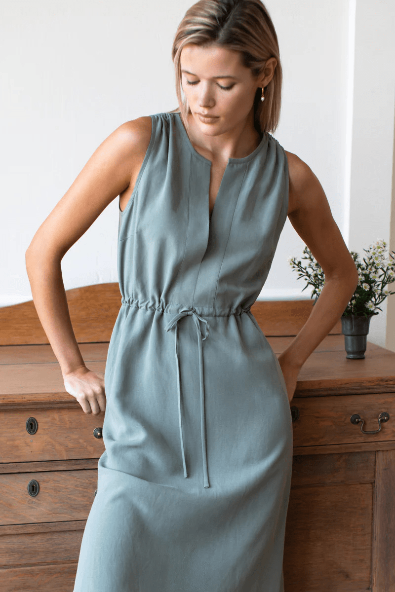 Dresses - Emerson Fry - Grecian Keyhole Dress in Agave Linen - Archery Close