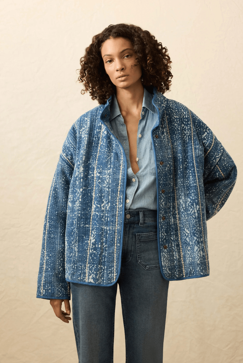 Outerwear - Faherty Brand - Indigo Quilted Patchwork Jacket - Archery Close