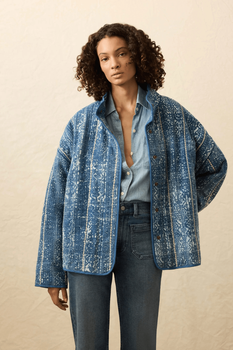 Outerwear - Faherty Brand - Indigo Quilted Patchwork Jacket - Archery Close