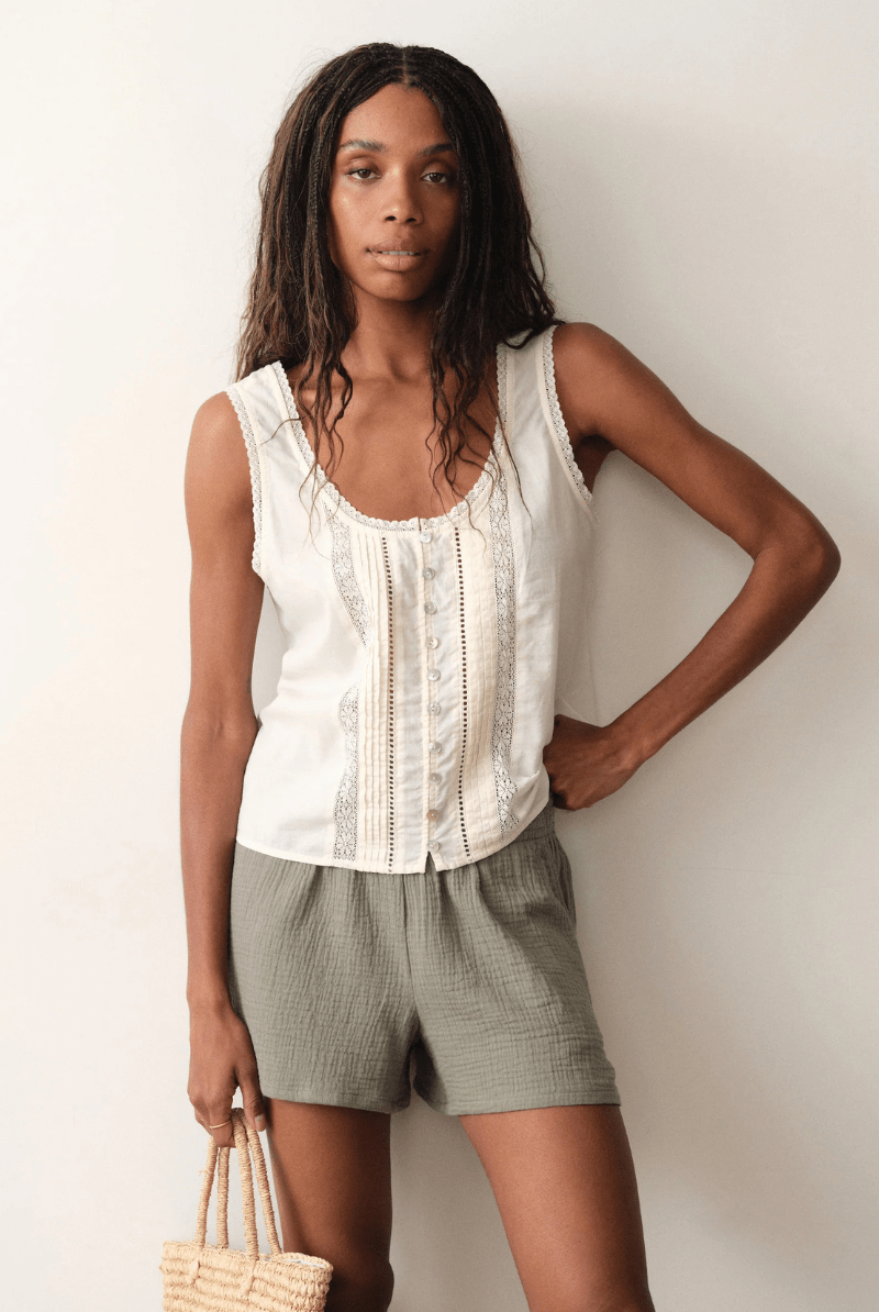 Shorts - Marine Layer - Isla Double Cloth Short in Sage - Archery Close