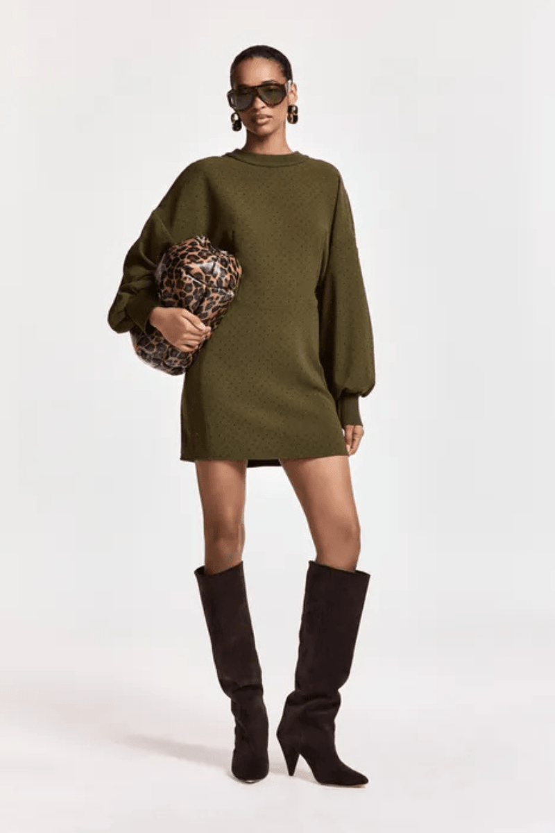 Dresses - Essentiel Antwerp - Khaki rhinestone-embellished mini dress - Archery Close