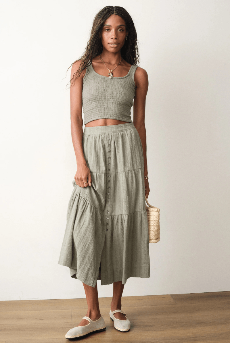Skirts - Marine Layer - Lana Button - Through Skirt in Sage - Archery Close