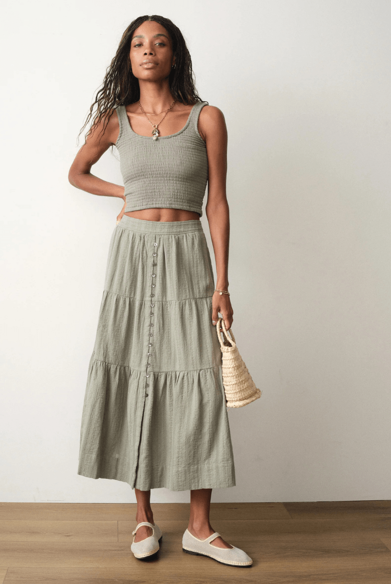 Skirts - Marine Layer - Lana Button - Through Skirt in Sage - Archery Close