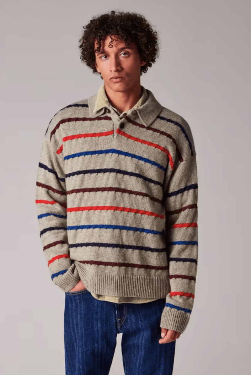 Sweater - Paul Smith - Light Tan Striped Knitted Polo Shirt - Archery Close