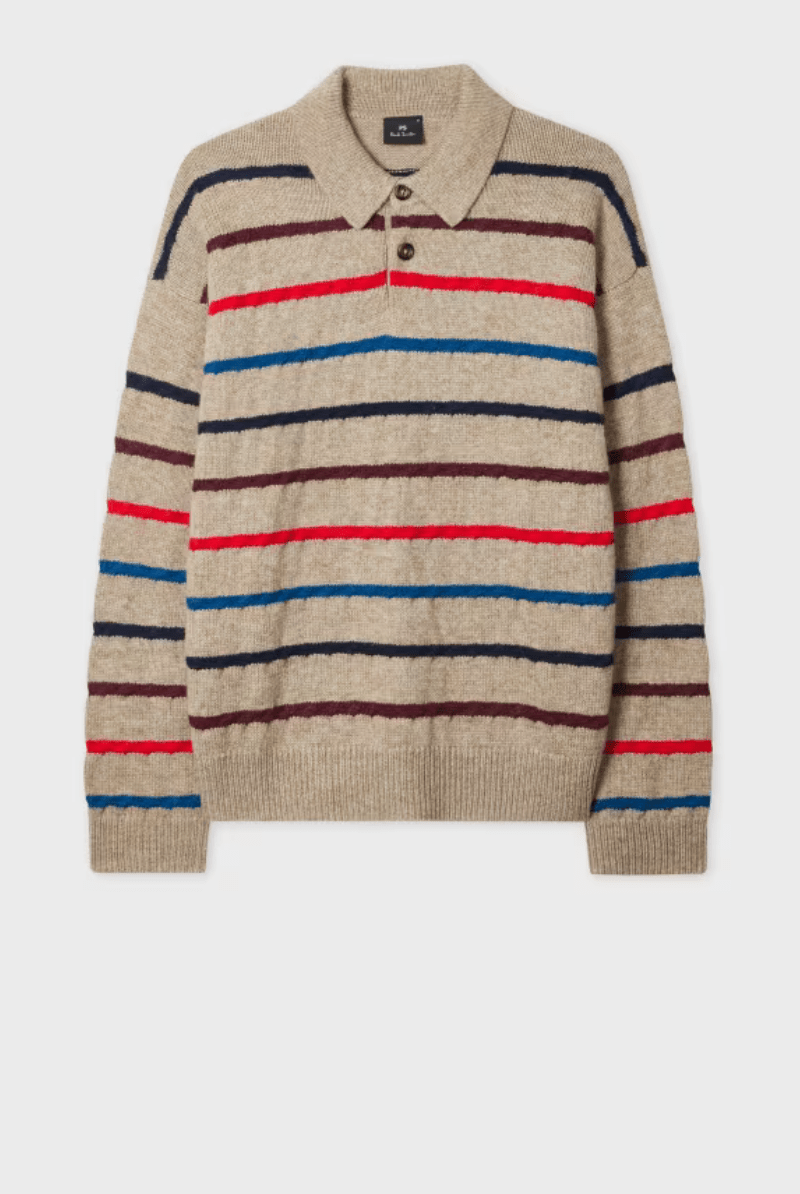 Sweater - Paul Smith - Light Tan Striped Knitted Polo Shirt - Archery Close