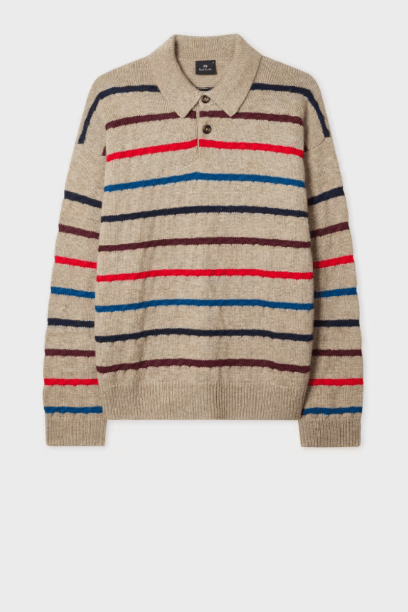 Sweater - Paul Smith - Light Tan Striped Knitted Polo Shirt - Archery Close