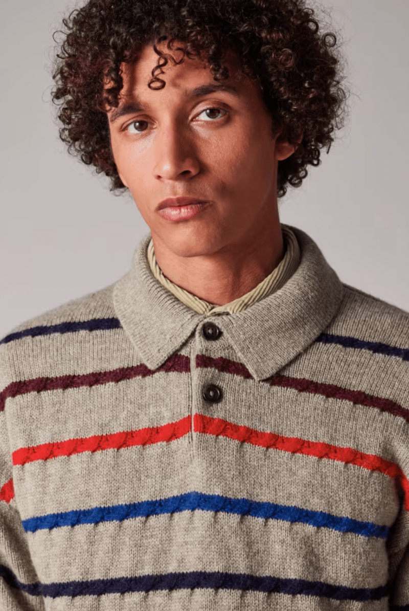 Sweater - Paul Smith - Light Tan Striped Knitted Polo Shirt - Archery Close