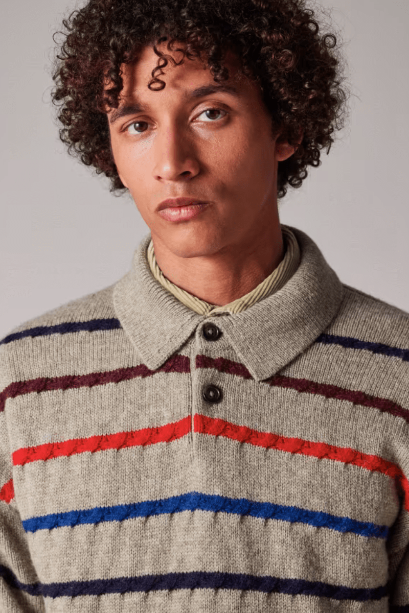 Sweater - Paul Smith - Light Tan Striped Knitted Polo Shirt - Archery Close