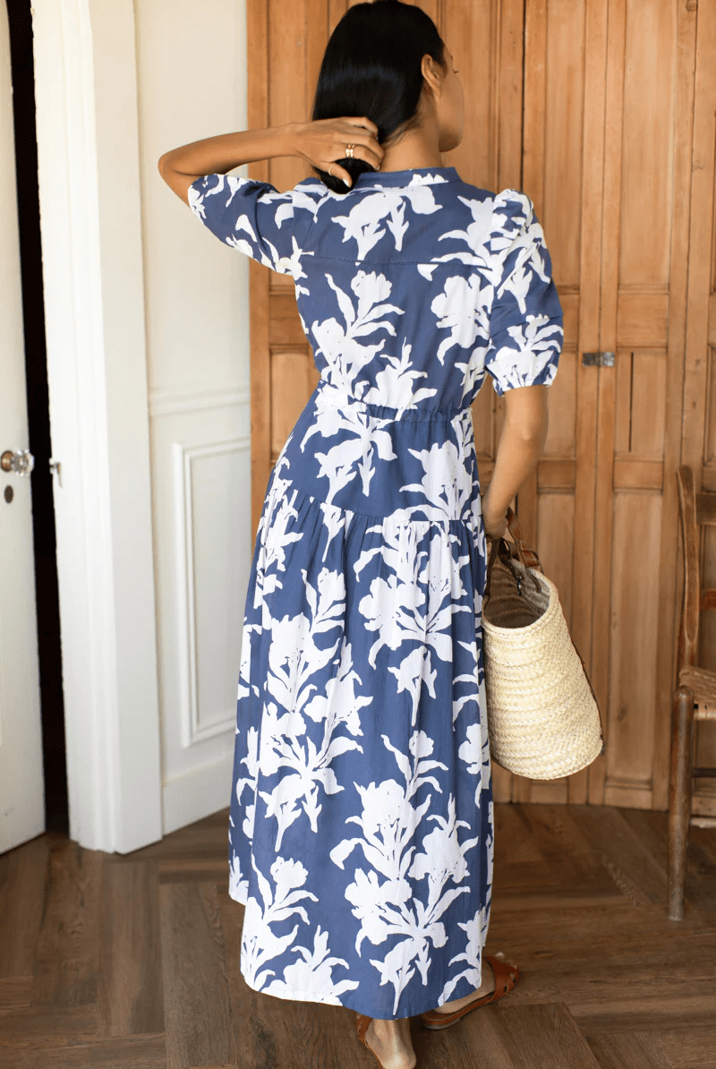 Dresses - Emerson Fry - Lucy 4 Basque Dress - Blue Indigo + Ivory Orchid Organic - Archery Close