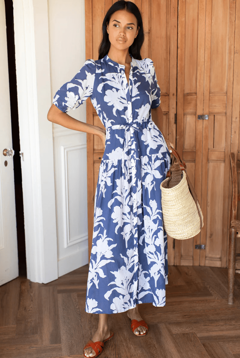 Dresses - Emerson Fry - Lucy 4 Basque Dress - Blue Indigo + Ivory Orchid Organic - Archery Close