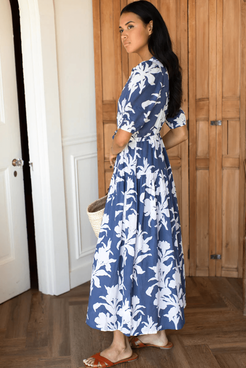 Dresses - Emerson Fry - Lucy 4 Basque Dress - Blue Indigo + Ivory Orchid Organic - Archery Close