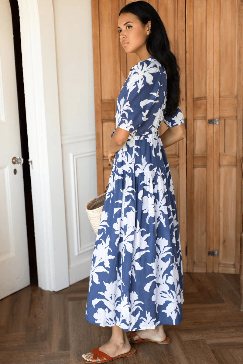 Dresses - Emerson Fry - Lucy 4 Basque Dress - Blue Indigo + Ivory Orchid Organic - Archery Close