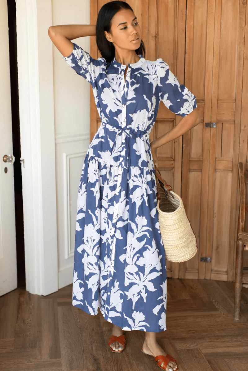 Dresses - Emerson Fry - Lucy 4 Basque Dress - Blue Indigo + Ivory Orchid Organic - Archery Close