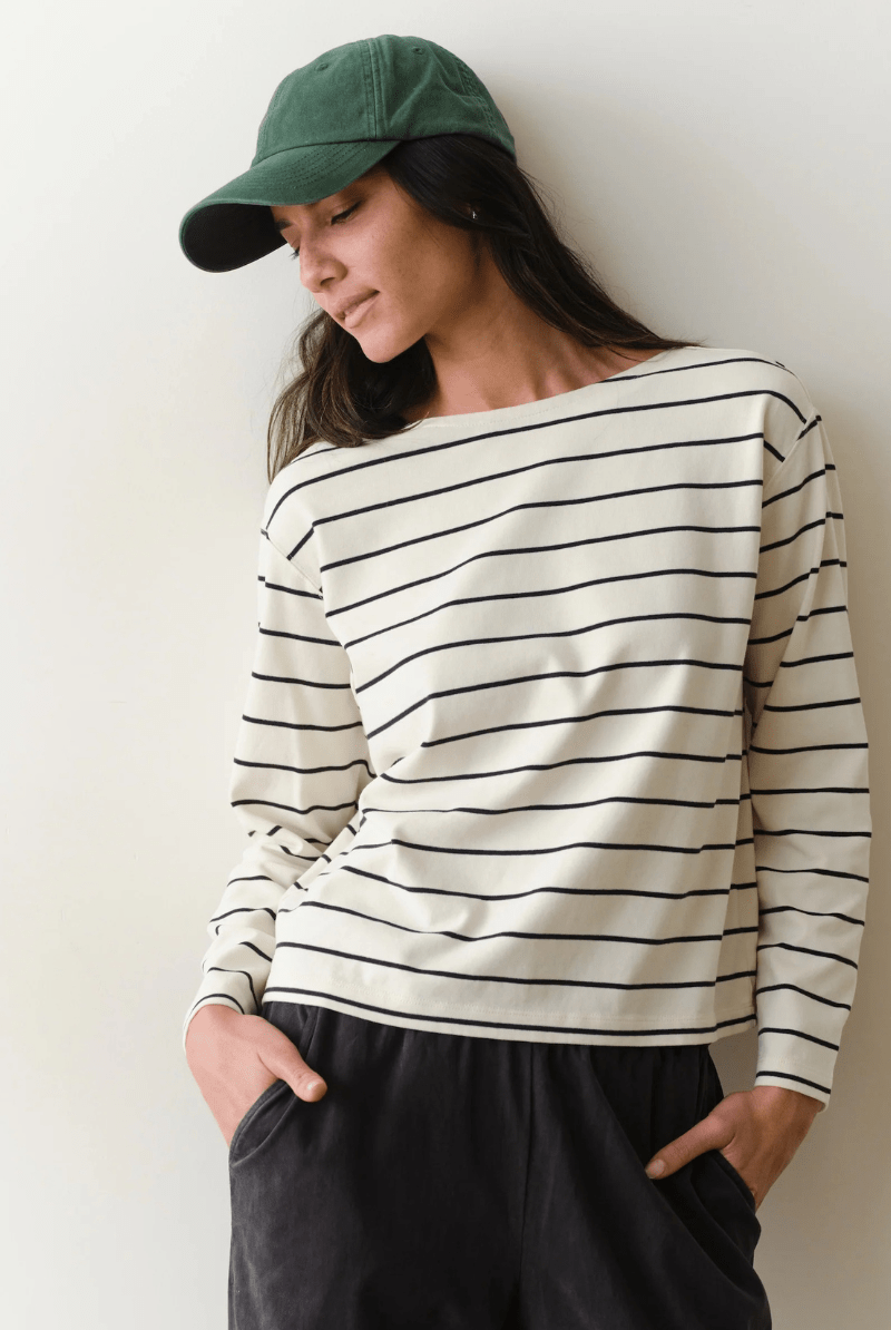 Shirts & Tops - Marine Layer - Luxe Sueded Mariner Tee in Black Stripe - Archery Close