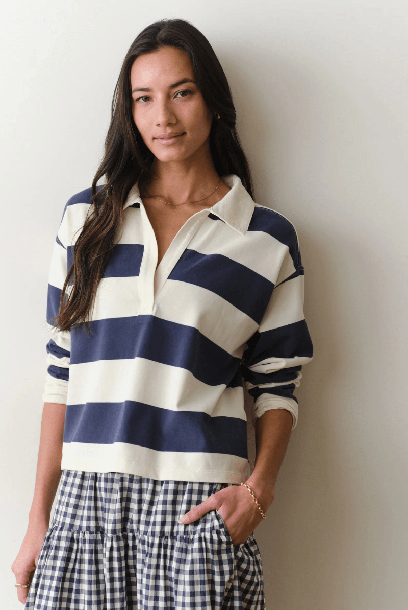 Shirts & Tops - Marine Layer - Luxe Sueded Polo Tee in Navy Stripe - Archery Close
