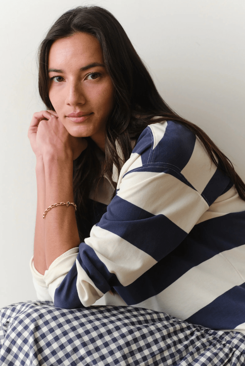 Shirts & Tops - Marine Layer - Luxe Sueded Polo Tee in Navy Stripe - Archery Close