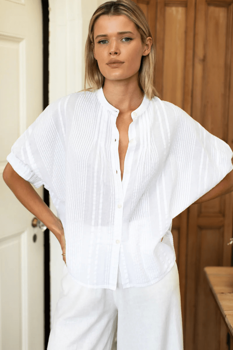 Shirts & Tops - Emerson Fry - Mandarin Collar Top in Cloud Seersucker Organic - Archery Close