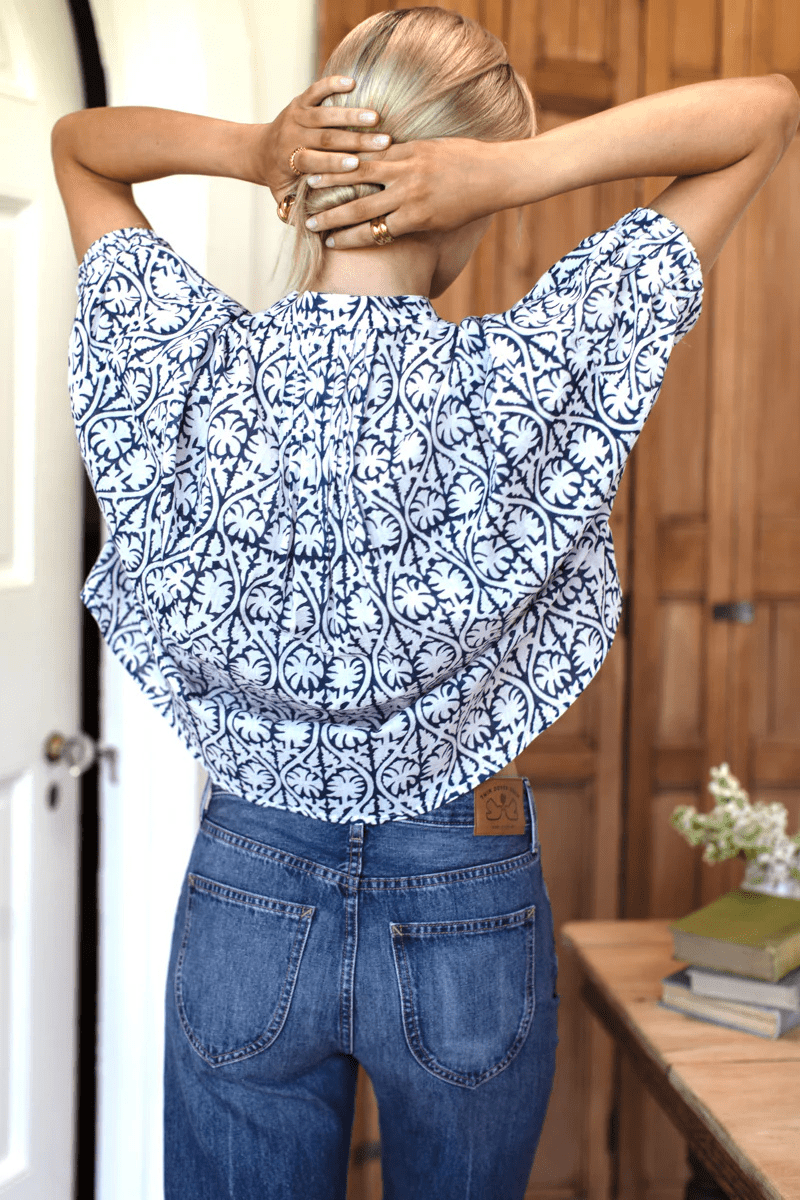 Shirts & Tops - Emerson Fry - Mandarin Collar Top in Etoile Vine Indigo - Archery Close