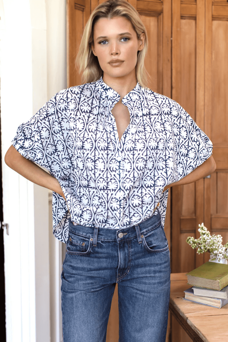 Shirts & Tops - Emerson Fry - Mandarin Collar Top in Etoile Vine Indigo - Archery Close