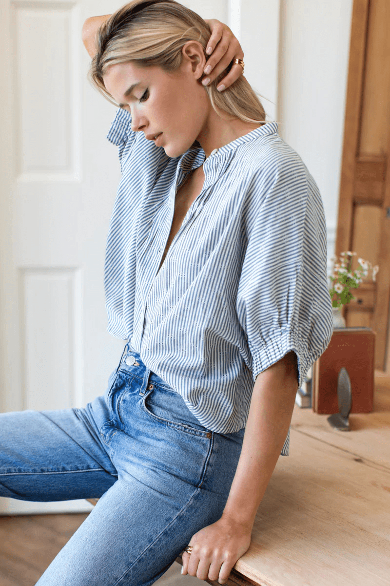 Shirts & Tops - Emerson Fry - Mandarin Collar Top in Mandela Stripes - Archery Close