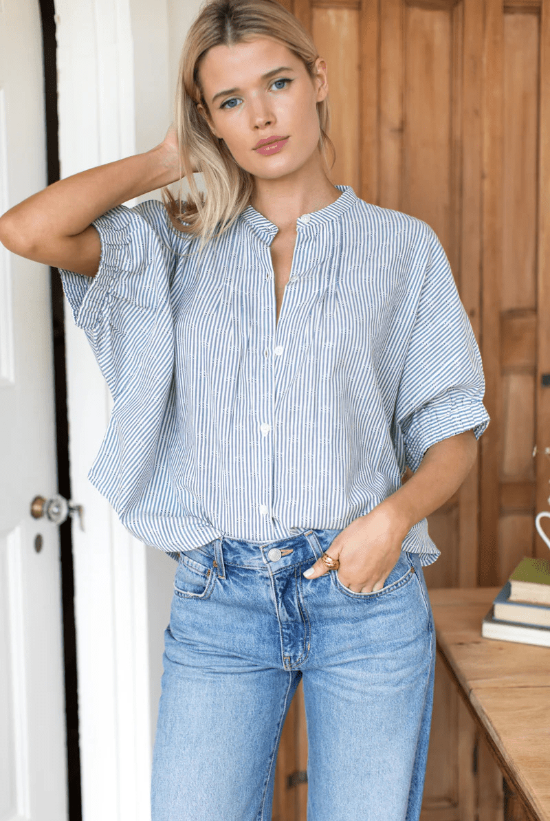 Shirts & Tops - Emerson Fry - Mandarin Collar Top in Mandela Stripes - Archery Close