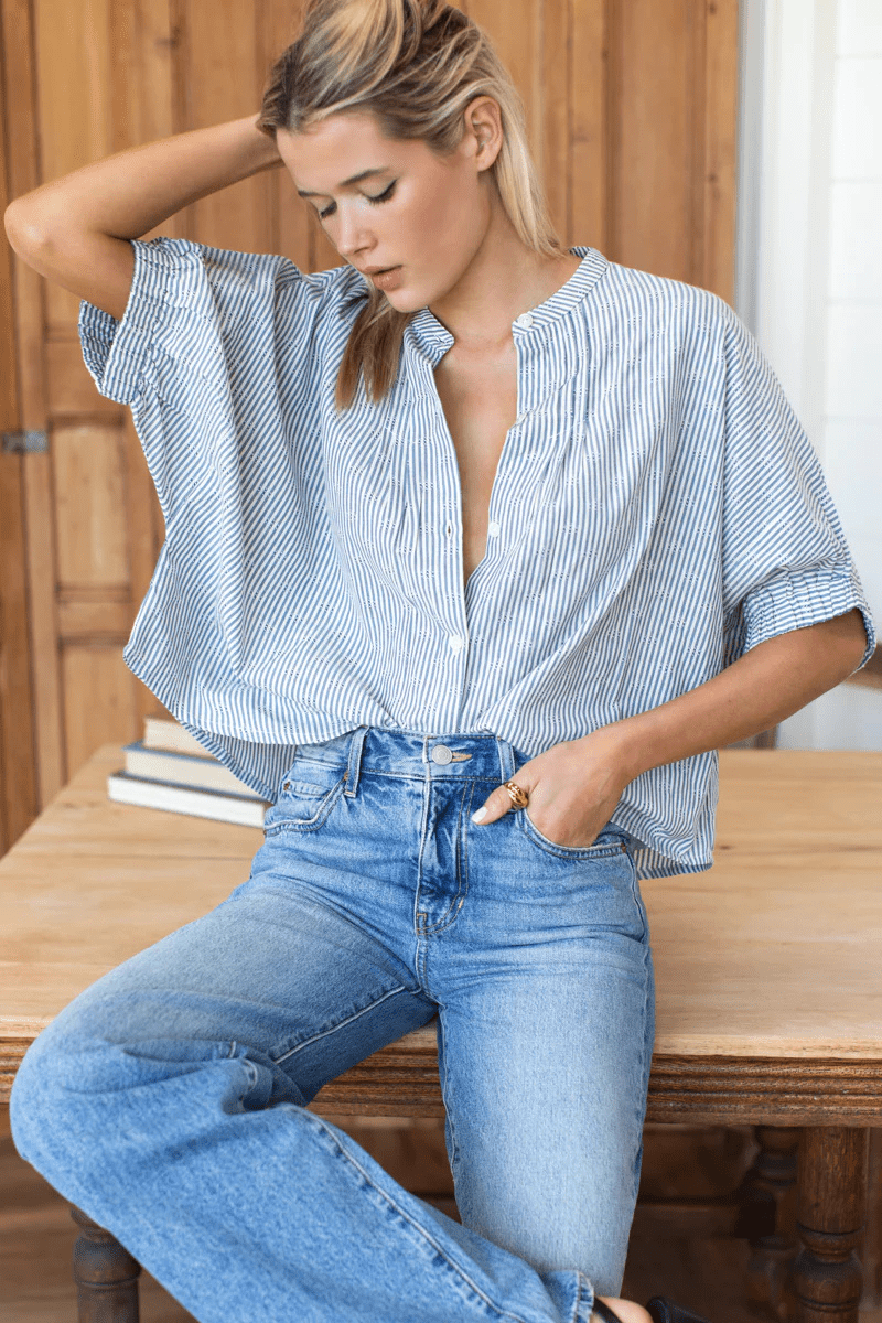 Shirts & Tops - Emerson Fry - Mandarin Collar Top in Mandela Stripes - Archery Close