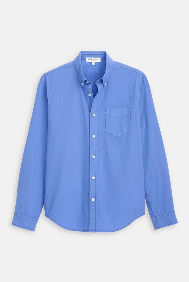 Blue button-up shirt on a light gray background