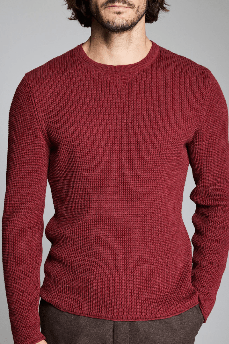 Sweater - Billy Reid - Mini Waffle Crew in Syrah - Archery Close