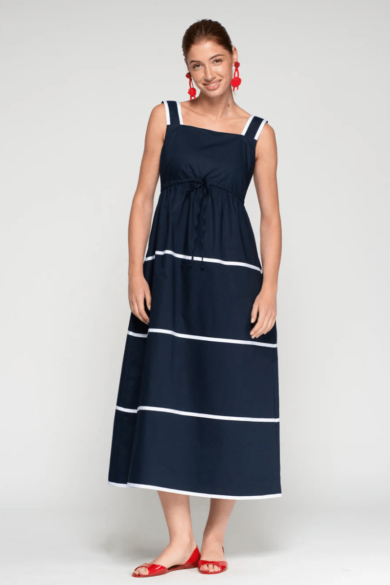 Dresses - Vilagallo - Navy Dress with White Stripes - Archery Close