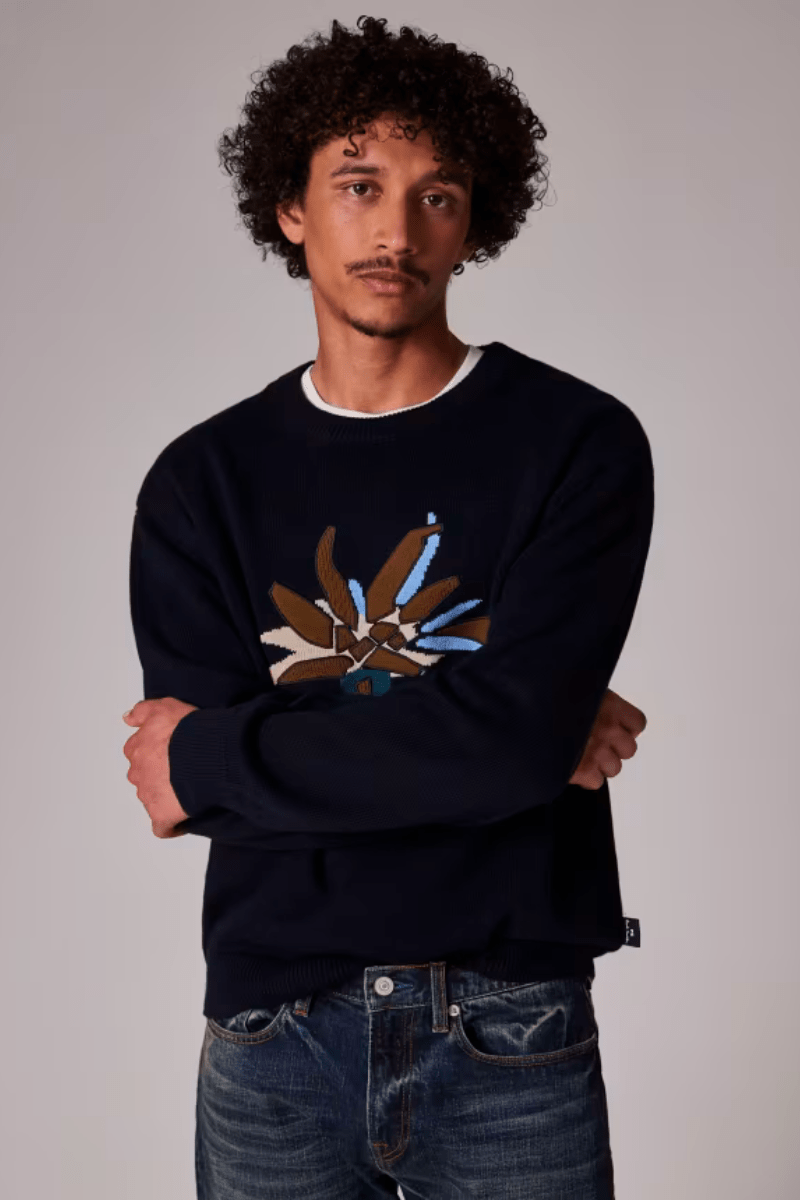 Sweater - Paul Smith - Navy Merino - Blend 'Edelweiss' Applique Sweater - Archery Close