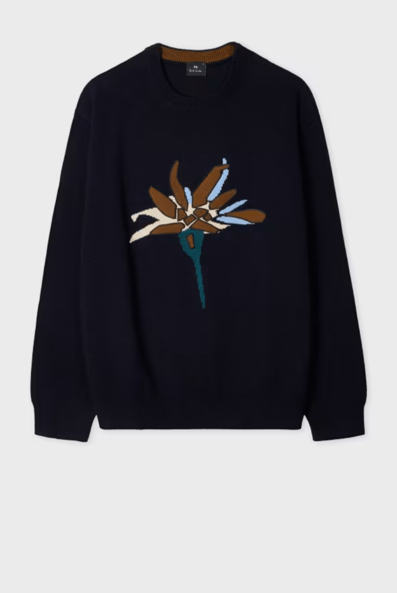 Sweater - Paul Smith - Navy Merino - Blend 'Edelweiss' Applique Sweater - Archery Close
