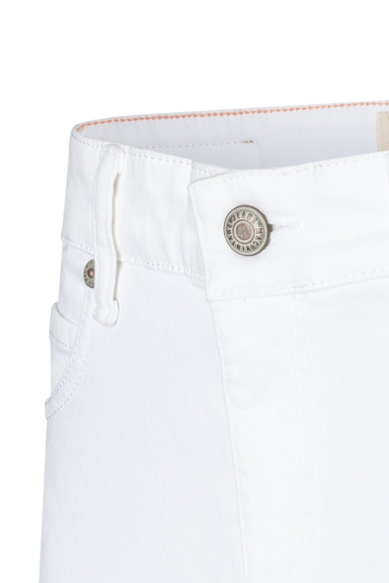 Close-up of white pants with a MAC label on a white background
