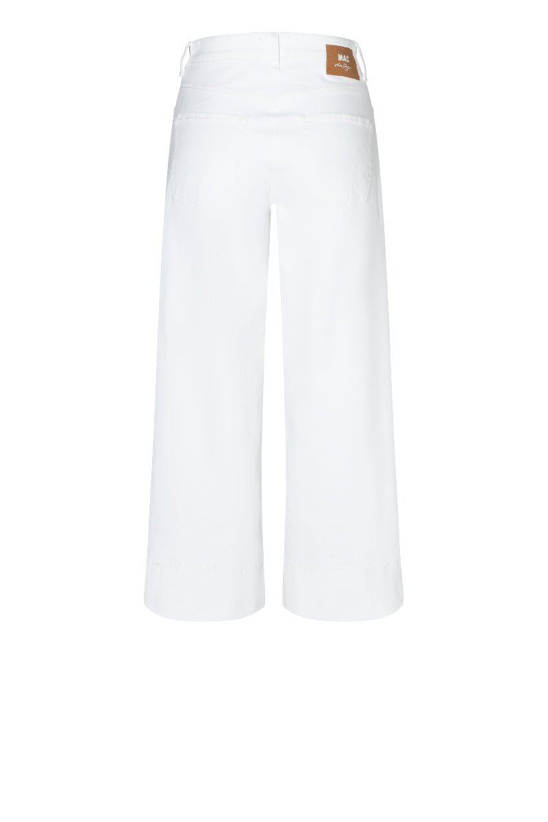 White pants with a brand logo on a white background