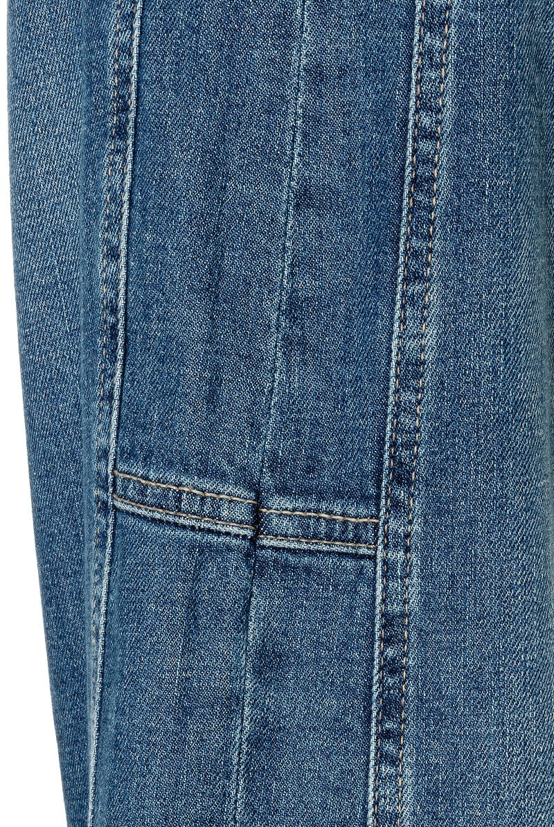 Close-up of blue denim fabric with stitching details