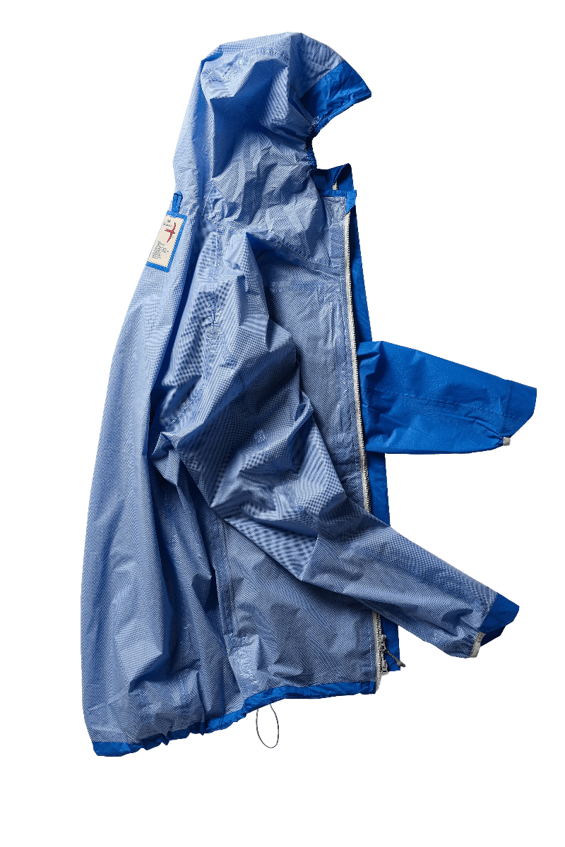 Blue raincoat with a hood on a white background