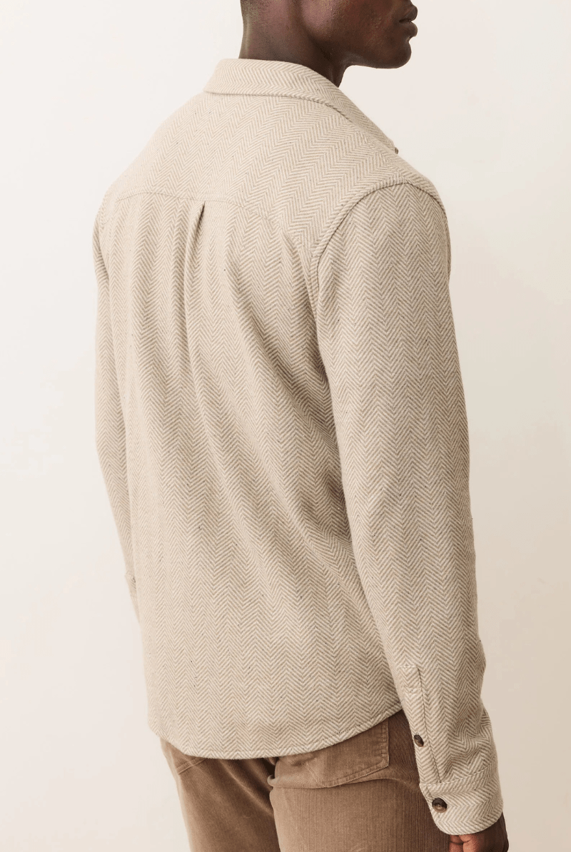 Shirts & Tops - Marine Layer - Pacifica Stretch Twill Overshirt in Taupe Herringbone - Archery Close