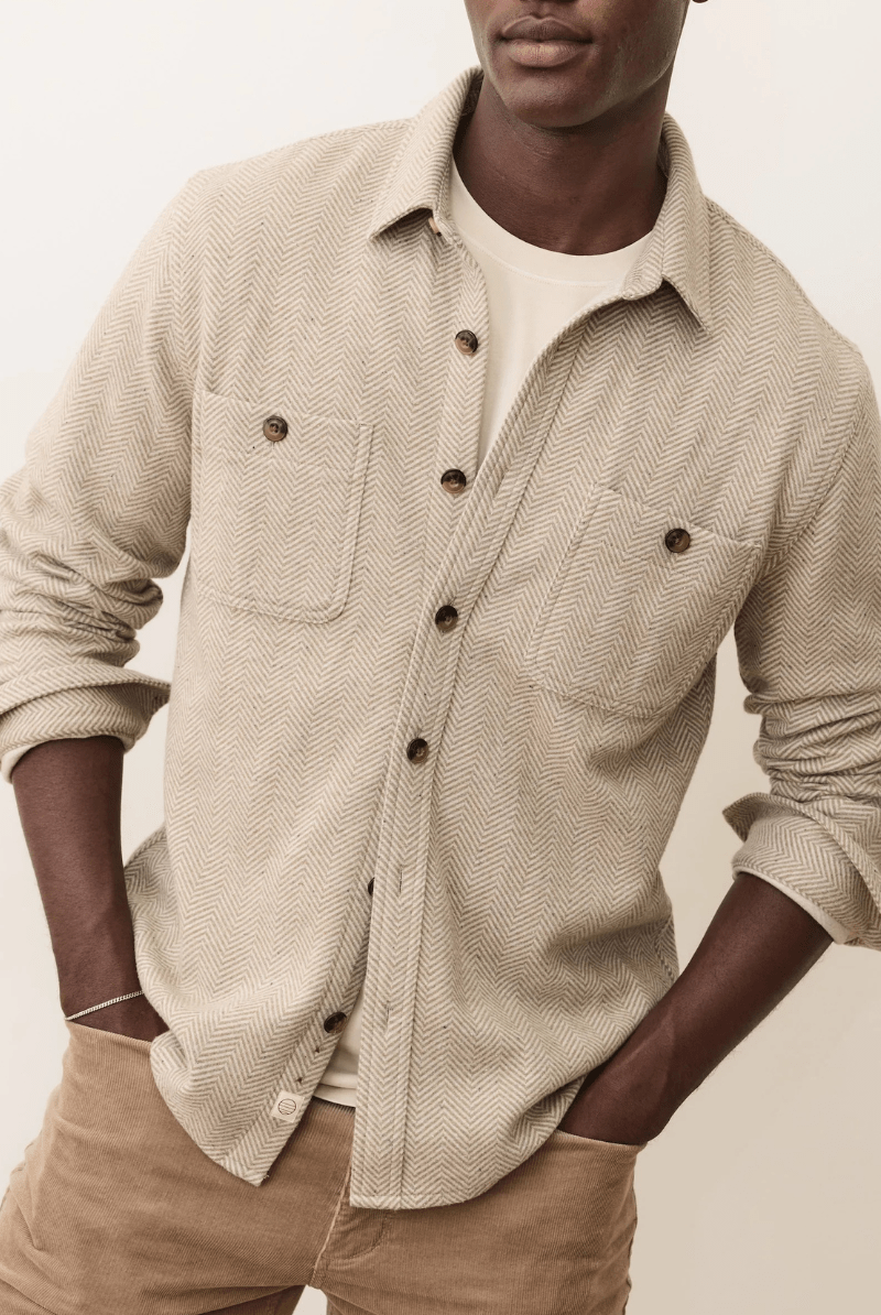 Shirts & Tops - Marine Layer - Pacifica Stretch Twill Overshirt in Taupe Herringbone - Archery Close