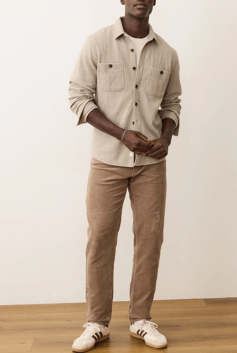 Shirts & Tops - Marine Layer - Pacifica Stretch Twill Overshirt in Taupe Herringbone - Archery Close